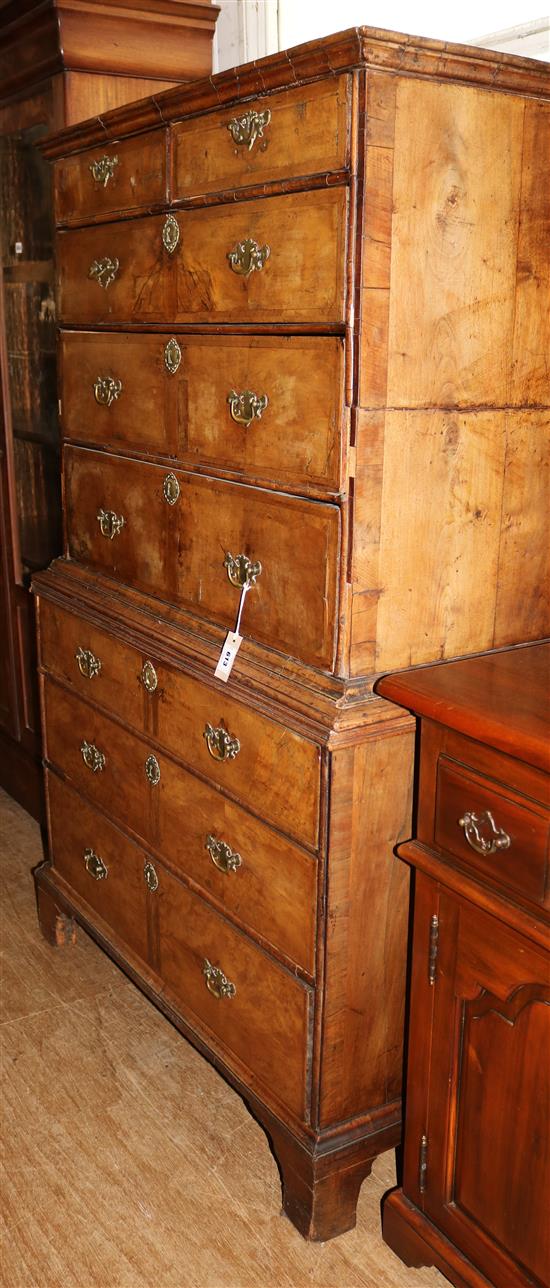 Early 18th century crossbanded walnut chest on chest(-)